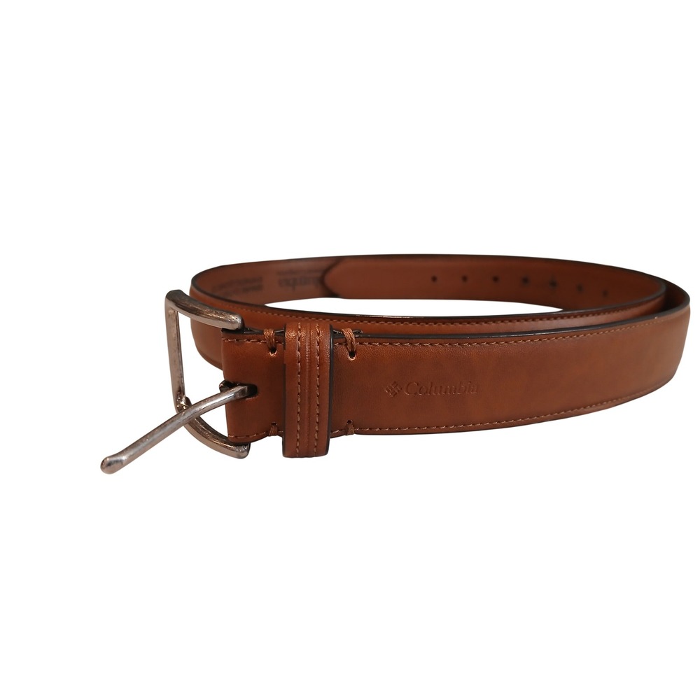 Columbia Mens Brown Leather Lined Belt Size 48 Tan Silver Buckle Casual Outdoor